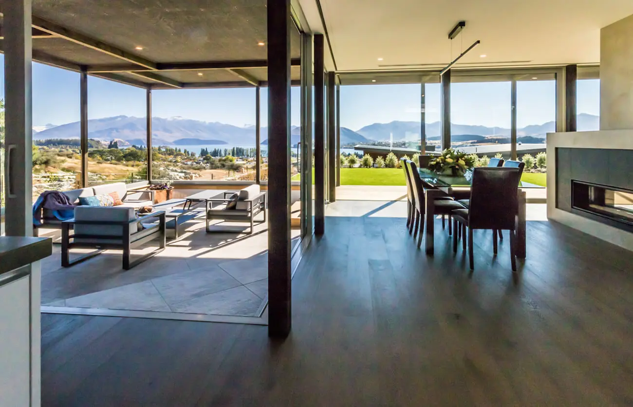 Living room and dining area with Wanaka views